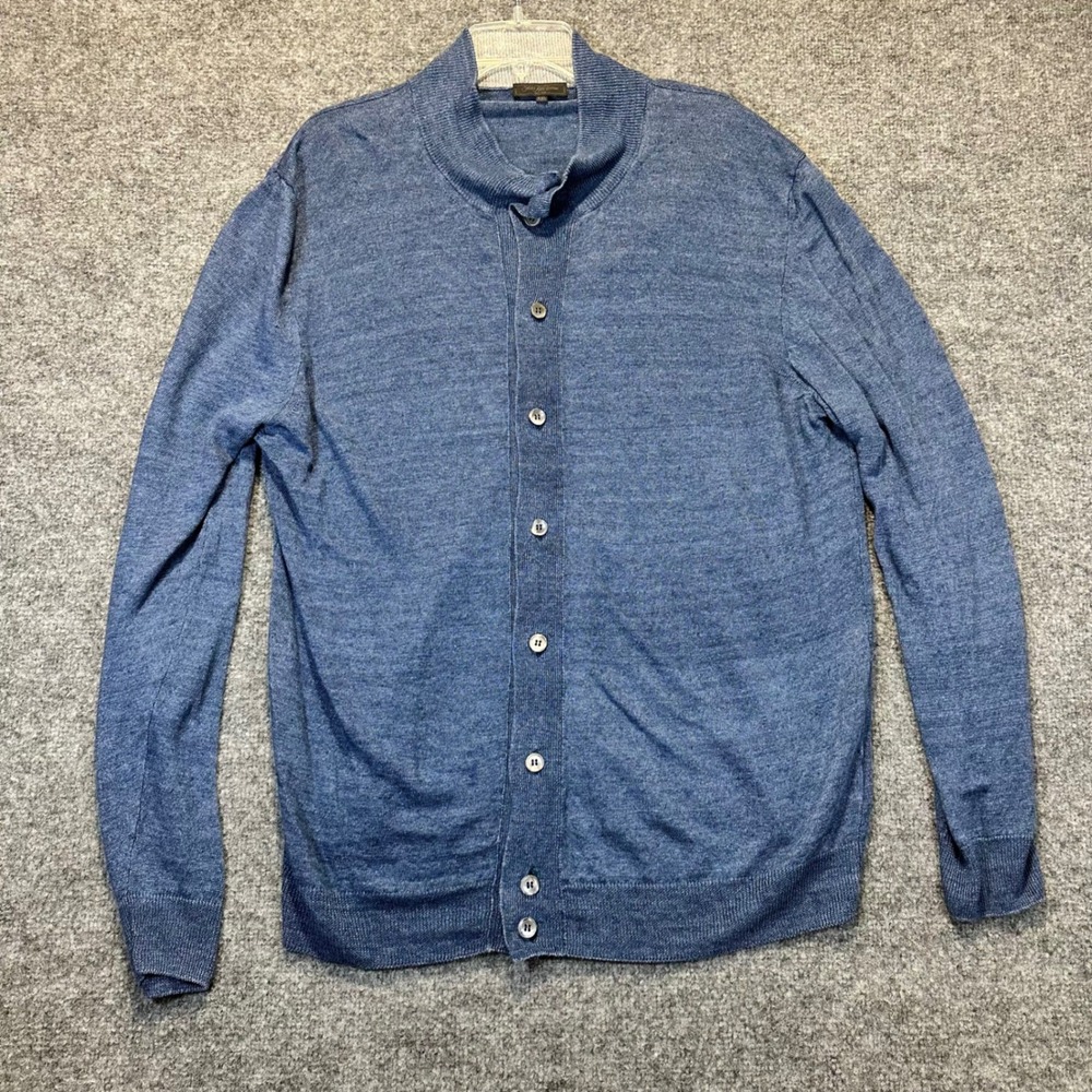 Saks Fifth Avenue Cardigan Mens XXL Blue Linen Mock Neck Knit Italy Classic